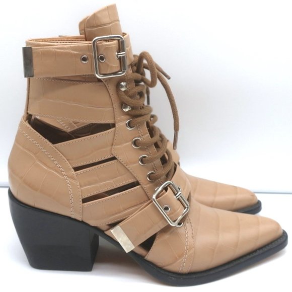 Chloe Shoes - CHLOE RYLEE CUTOUT LACE-UP ANKLE BOOTS BEIGE CROC-EFFECT LEATHER SIZE 38.5
